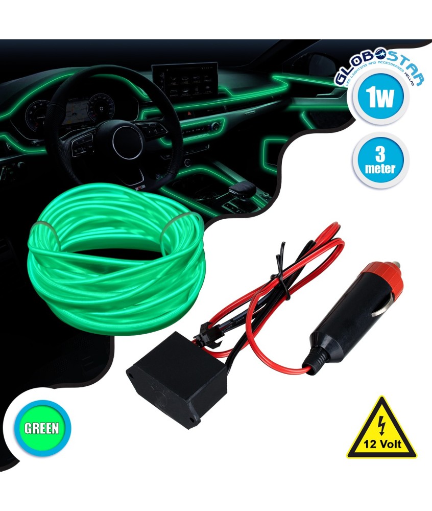 GLOBOSTAR® ELWIRE 82209 Κιτ Διακοσμητικού Φωτισμού Αυτοκινήτου LED 1.2W 84lm 360° DC 12V Αδιάβροχο IP65 Πράσινο - Μ300 x Π1 x Υ0.3cm - 1 Χρόνο Εγγύηση